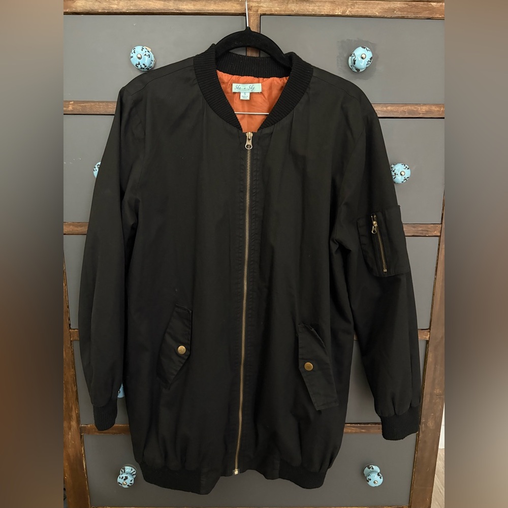 She + Sky Black Bomber Jacket with Gold Accents